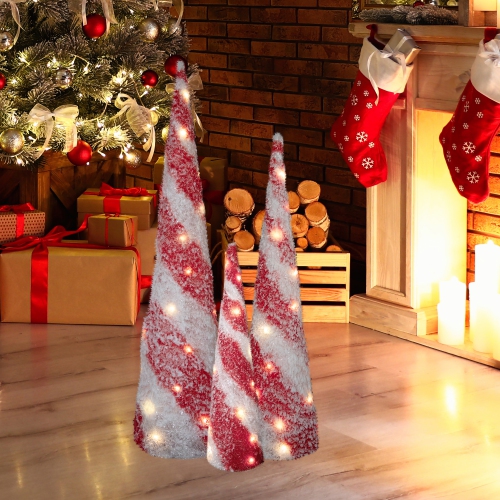LED Lighted Snowy Candy Cane Striped Christmas Cone Trees - 3.25' - Set of 3