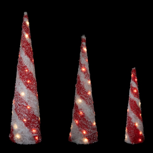 LED Lighted Snowy Candy Cane Striped Christmas Cone Trees - 3.25' - Set of 3