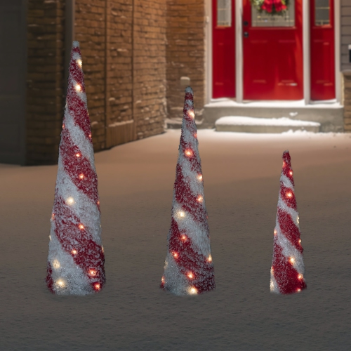 LED Lighted Snowy Candy Cane Striped Christmas Cone Trees - 3.25' - Set of 3