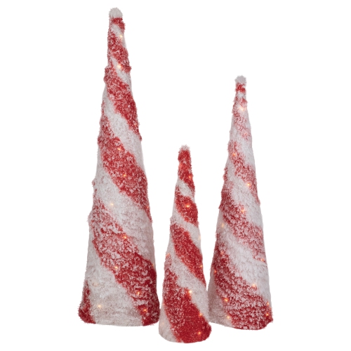 LED Lighted Snowy Candy Cane Striped Christmas Cone Trees - 3.25' - Set of 3