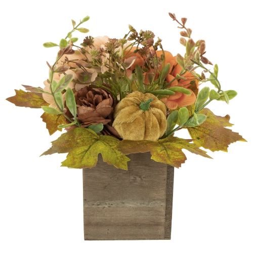 NORTHLIGHT  Floral And Pumpkin Wooden Box Fall Harvest Decoration - 10" X 8" - And Brown In Orange