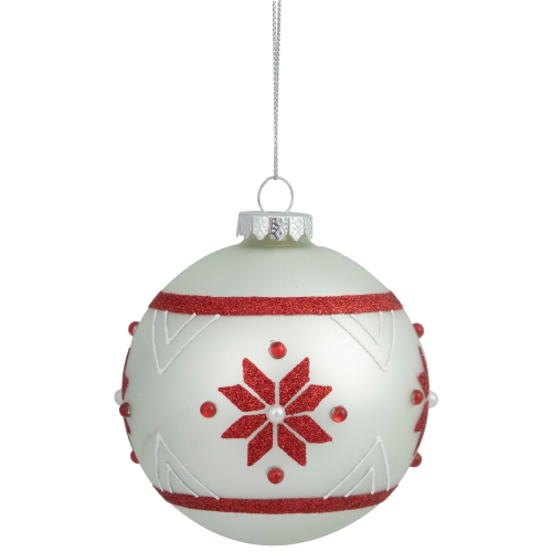 Glittered Snowflake Glass Christmas Ball Ornament - 4" - White and Red