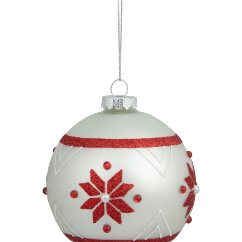 Glittered Snowflake Glass Christmas Ball Ornament - 4" - White and Red