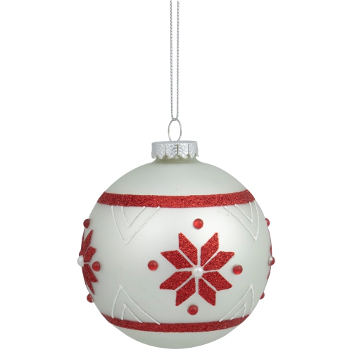 Glittered Snowflake Glass Christmas Ball Ornament - 4" - White and Red
