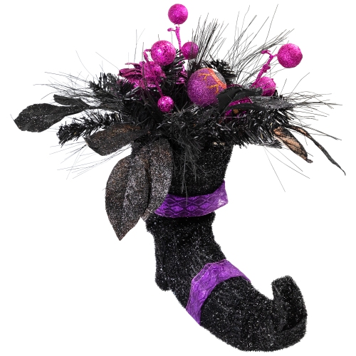 Witch's Boot with Glittered Roses and Foliage Halloween Decoration - 12"