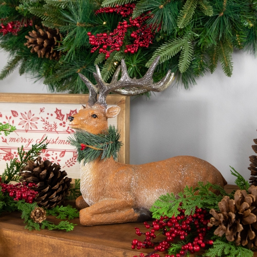 Glittered Sitting Deer with Pine Neck Wreath Christmas Decoration - 10"