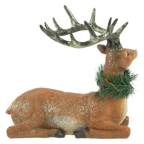Glittered Sitting Deer with Pine Neck Wreath Christmas Decoration - 10"