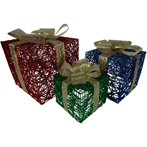 NORTHLIGHT  Set Of 3 Lighted Red, Blue And Gift Boxes Christmas Decorations 9.75" In Green