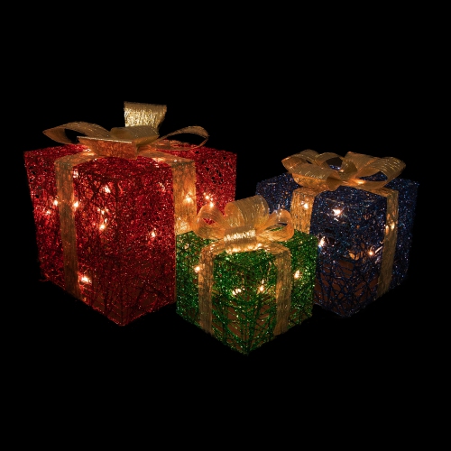 Set of 3 Lighted Red, Blue and Green Gift Boxes Christmas Decorations 9.75"