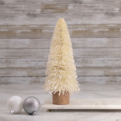 Glittered Sisal Christmas Tree with Wooden Base Decoration - 8.75" - Cream