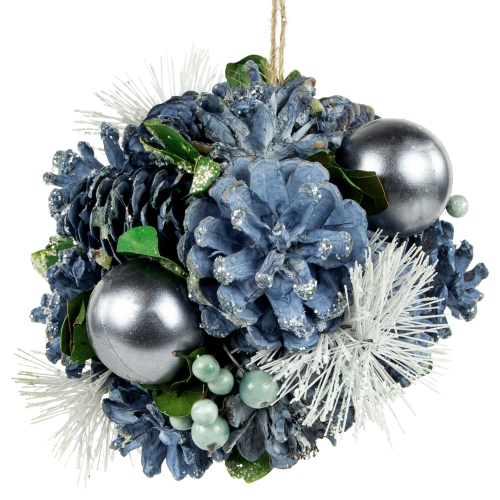 Frosted Pinecone and Berries Christmas Ball Ornament - 5.5" - Blue