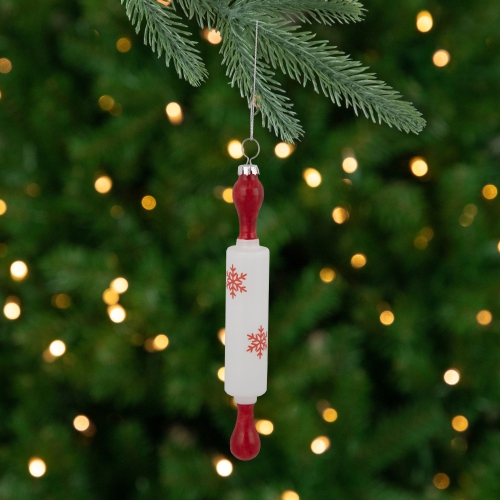 7.25" Red Snowflakes Rolling Pin Glass Christmas Ornament