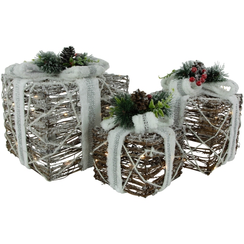 NORTHLIGHT  Led Lighted Gift Boxes With Pine And Berries Christmas Decorations - 9.75" - Set Of 3