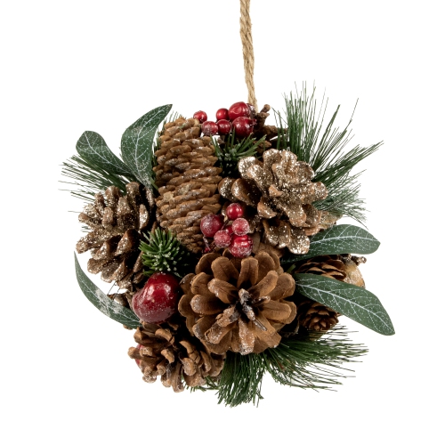 Mixed Foliage Frosted Pinecone and Berry Christmas Ball Ornament - 6"