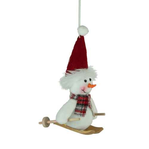 Skiing Snowman with Santa Hat and Plaid Scarf Christmas Ornament - 9.5"