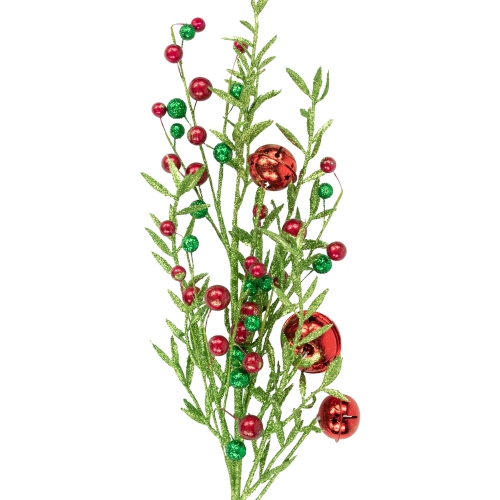 32" Green and Red Jingle Bells and Berry Artificial Glitter Christmas Spray