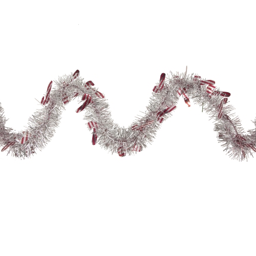 NORTHLIGHT  Christmas Candy Cane Commercial Wrapped Tinsel Garland - 50' X 3" - Silver And - Unlit In Red