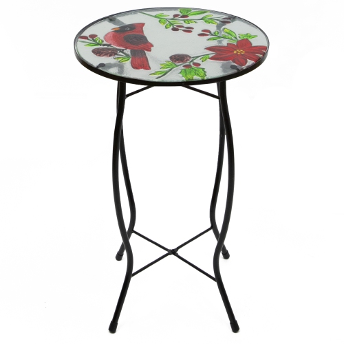 NORTHLIGHT  19" Cardinal And Pine Cone Glass Patio Side Table In Red