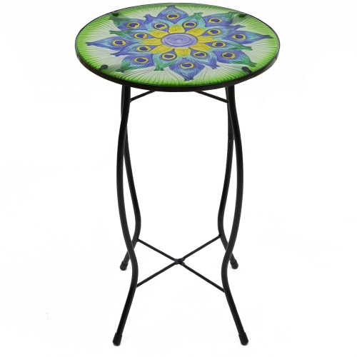 NORTHLIGHT  19" And Blue Peacock Flower Tail Glass Patio Side Table In Green