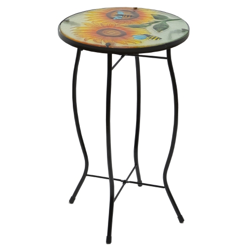 19" Sunflower and Bumblebee Glass Patio Side Table