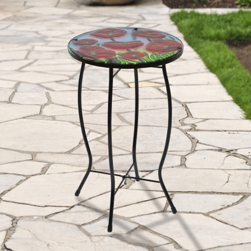19" Red Floral Poppies Glass Patio Side Table