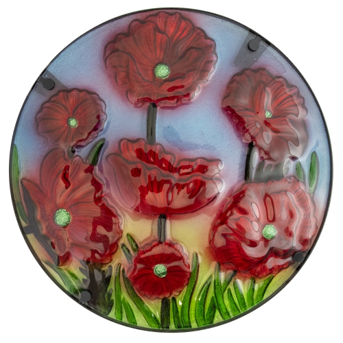 19" Red Floral Poppies Glass Patio Side Table