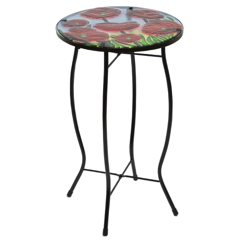 19" Red Floral Poppies Glass Patio Side Table