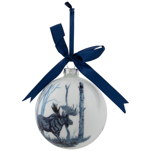 Moose Glass Christmas Ball Ornament - 4" - White and Blue