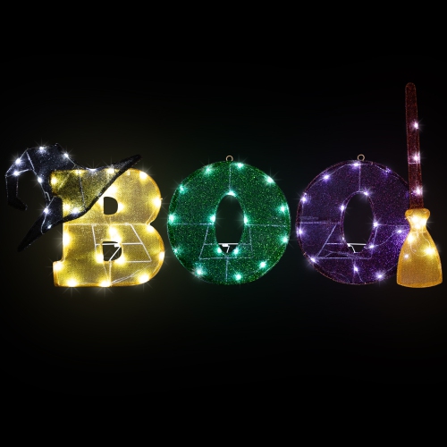 LED Lighted Tinsel BOO Outdoor Halloween Sign Decoration - 50" - Clear Lights