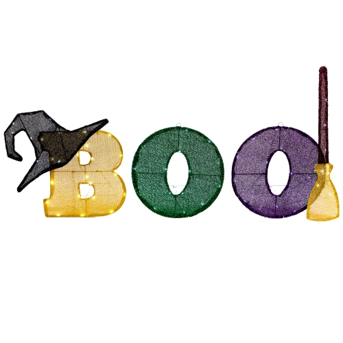LED Lighted Tinsel BOO Outdoor Halloween Sign Decoration - 50" - Clear Lights