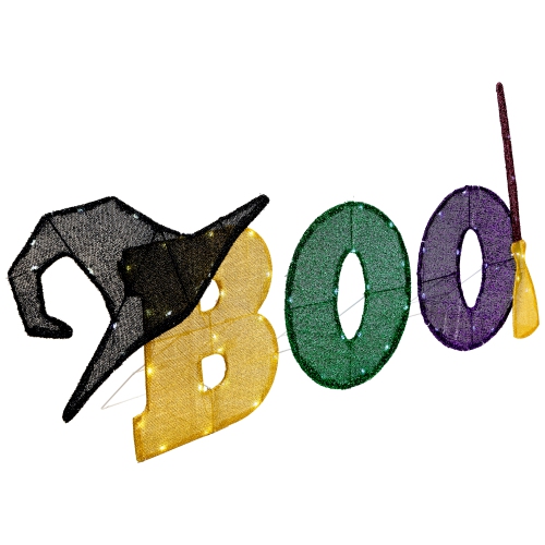 LED Lighted Tinsel BOO Outdoor Halloween Sign Decoration - 50" - Clear Lights