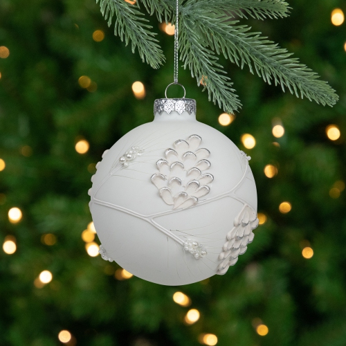 NORTHLIGHT  And Silver Leaves Glass Ball Christmas Ornament - 3.5" In White