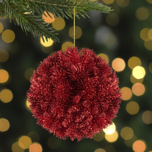 Glitter Pine Christmas Ball Ornament - Red - 6"