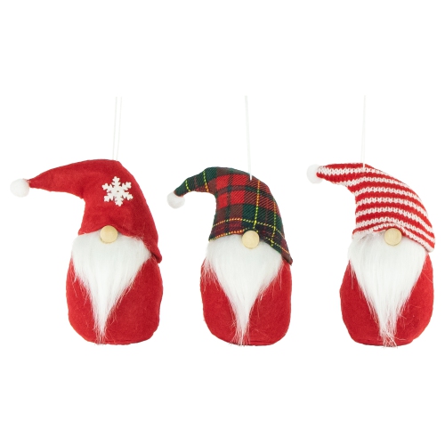 Plush Gnomes Christmas Ornaments with Striped, Plaid and Snowflake Hats - 4.5"