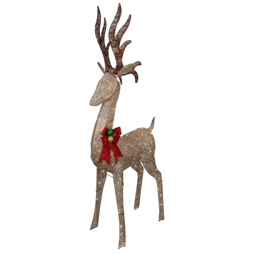 NORTHLIGHT  74" Led Lighted Champagne Deer With Bow Outdoor Christmas Decoration In Red