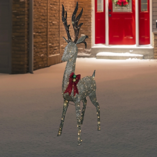 74" LED Lighted Champagne Deer with Red Bow Outdoor Christmas Decoration