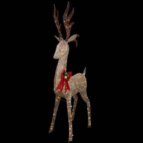 74" LED Lighted Champagne Deer with Red Bow Outdoor Christmas Decoration