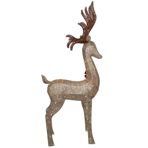 74" LED Lighted Champagne Deer with Red Bow Outdoor Christmas Decoration