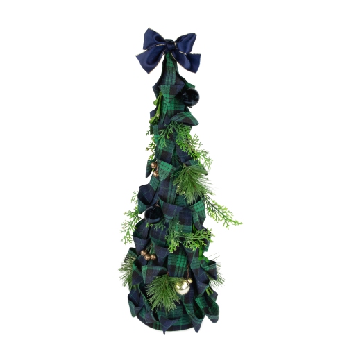 NORTHLIGHT  Pine, Jingle Bell And Plaid Ribbon Christmas Cone Tree - 18" - And Blue In Green