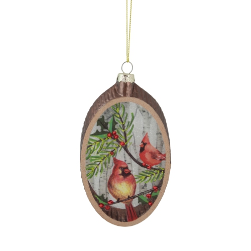 Cardinal Glass Plate with Tree Bark Designed Christmas Ornament - 6" - Brown