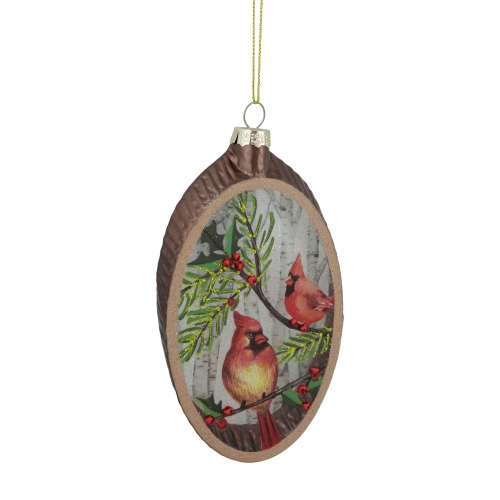 Cardinal Glass Plate with Tree Bark Designed Christmas Ornament - 6" - Brown