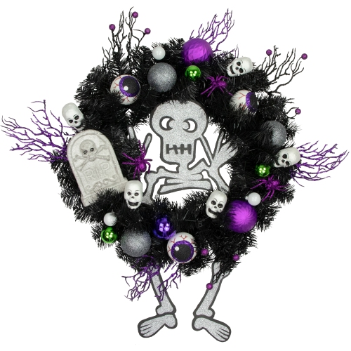 Purple and Black Spooky Skeleton Pine Halloween Wreath, 24-Inch, Unlit