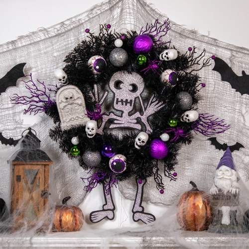 Purple and Black Spooky Skeleton Pine Halloween Wreath, 24-Inch, Unlit