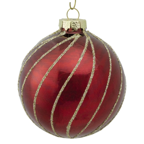 Glitter Swirl Stripes Christmas Glass Ball Ornaments - 3" - Ruby Red - 4ct