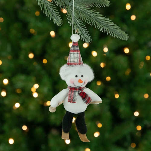 NORTHLIGHT  Skiing Snowman With Plaid Santa Hat And Matching Scarf Christmas Ornament - 12"