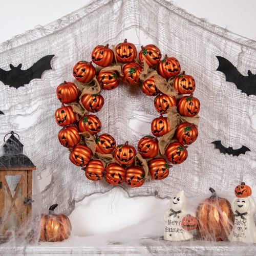 Jack-O-Lantern and Burlap Ribbon Halloween Wreath, 20-Inch, Unlit