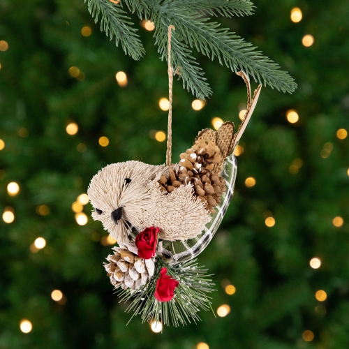 Oiseau orienté vers la gauche avec décoration de Noël pomme de pin – 6,75 po
