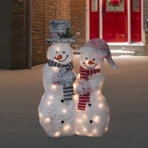 39" Lighted Snowy Tinsel Snowman Couple Outdoor Christmas Decoration
