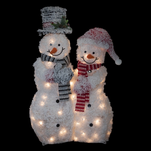 39" Lighted Snowy Tinsel Snowman Couple Outdoor Christmas Decoration