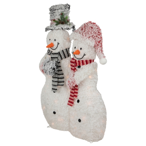 39" Lighted Snowy Tinsel Snowman Couple Outdoor Christmas Decoration